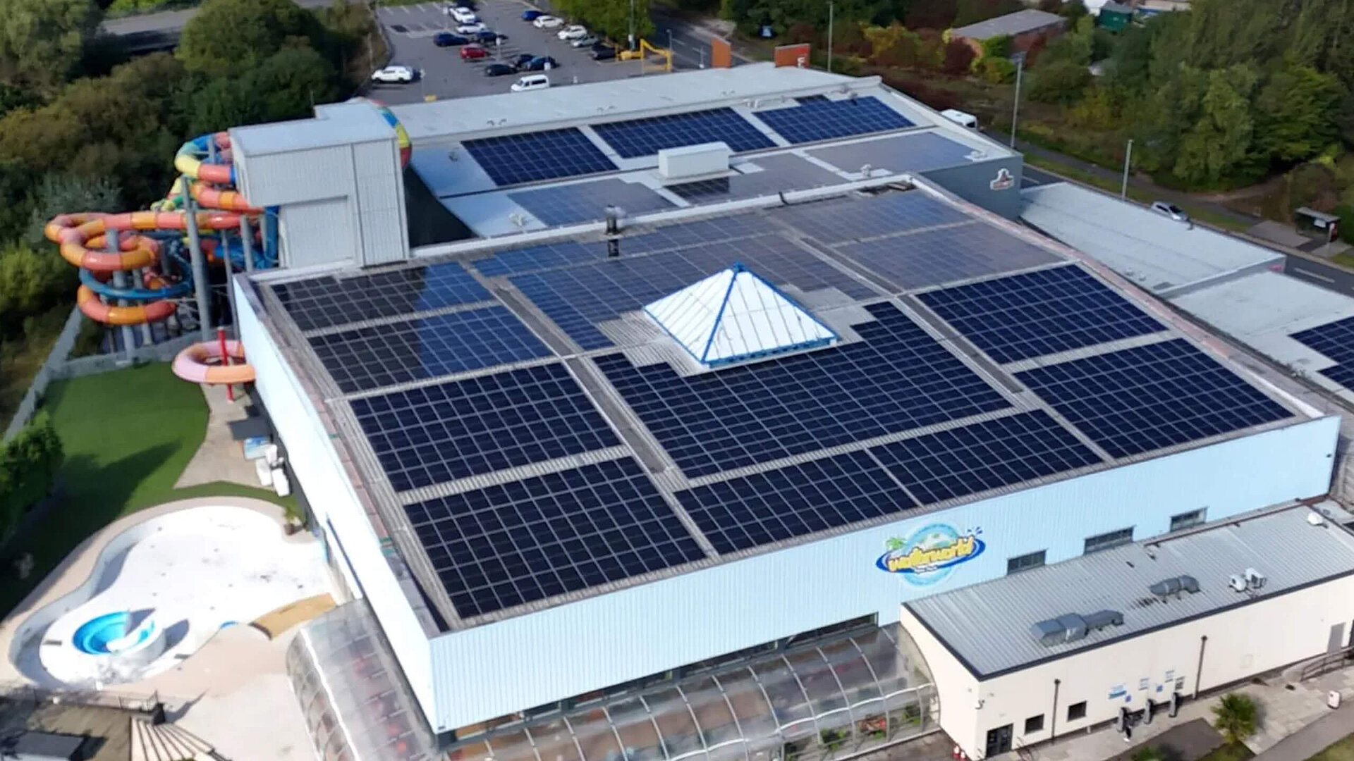 solar panels on the roof of Watetworld